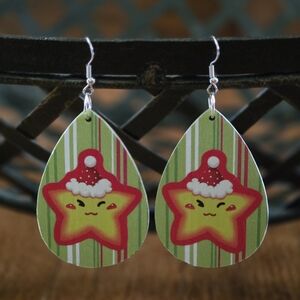 Hand Crafted Green Teardrop Star Earrings with Red Accents